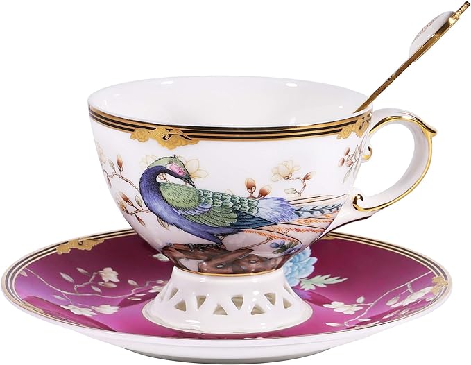 fanquare 7oz Purple Bird Fine Bone China Coffee Cup, Peacock Porcelain Tea Cup and Saucer Set, Cappuccino Cup