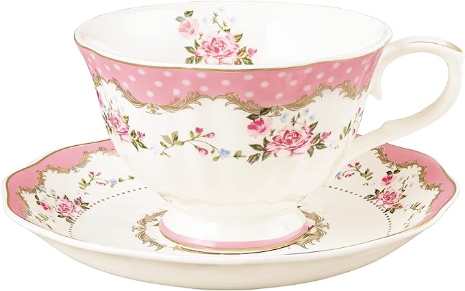 fanquare English Floral Tea Cup, Pink Porcelain Coffee Cup, 7oz Flower Tea Cup and Saucer, Elegant Big Tea Cup
