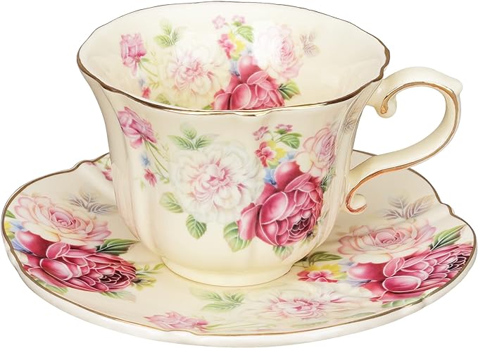 fanquare 7oz Vintage Rose Tea Cup, Yellow Tea Cup and Saucer Set for 1, Fancy Women Coffee Cup Saucer