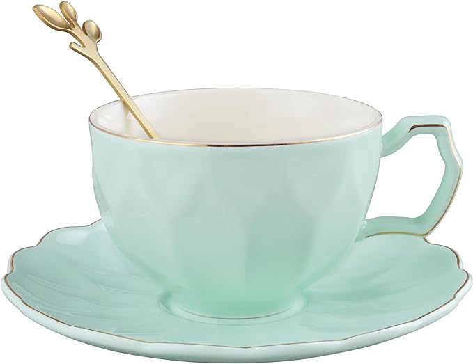 fanquare Green Embossed Tea Cup and Saucer Set for 1, Porcelain Coffee Cup for Women, Modern Tea Party Cup, 7 Ounce