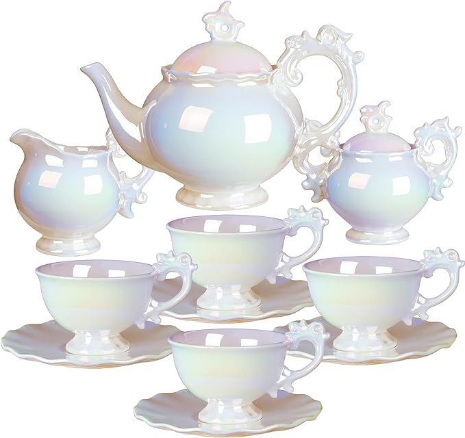 fanquare 15 Pieces British Porcelain Tea Set, Modern Iridescent Tea Party Set for Women, Large White Teapot Set