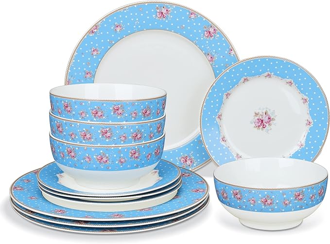 fanquare 12 Piece Dinnerware Set, Service for 4, Blue Porcelain Plates, Bowls, Floral Kitchen Dishes Set, White Dot