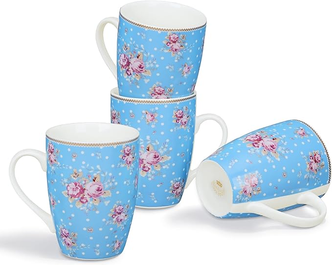 fanquare 12oz Coffee Mugs Set of 4 for Women, Floral Porcelain Coffee Cups Set, Large Blue Ceramic Coffee Mugs for Tea, Cappuccino, Latte