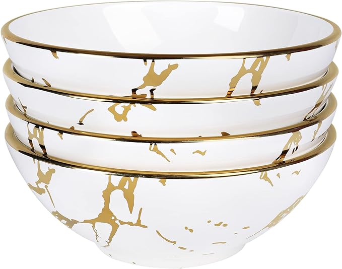 fanquare Gold Marble Crereal Bowls 24 oz, Porcelain Soup Bowls Set of 4, Pasta Bowl for Ramen, Salad, Dessert, 7 Inch