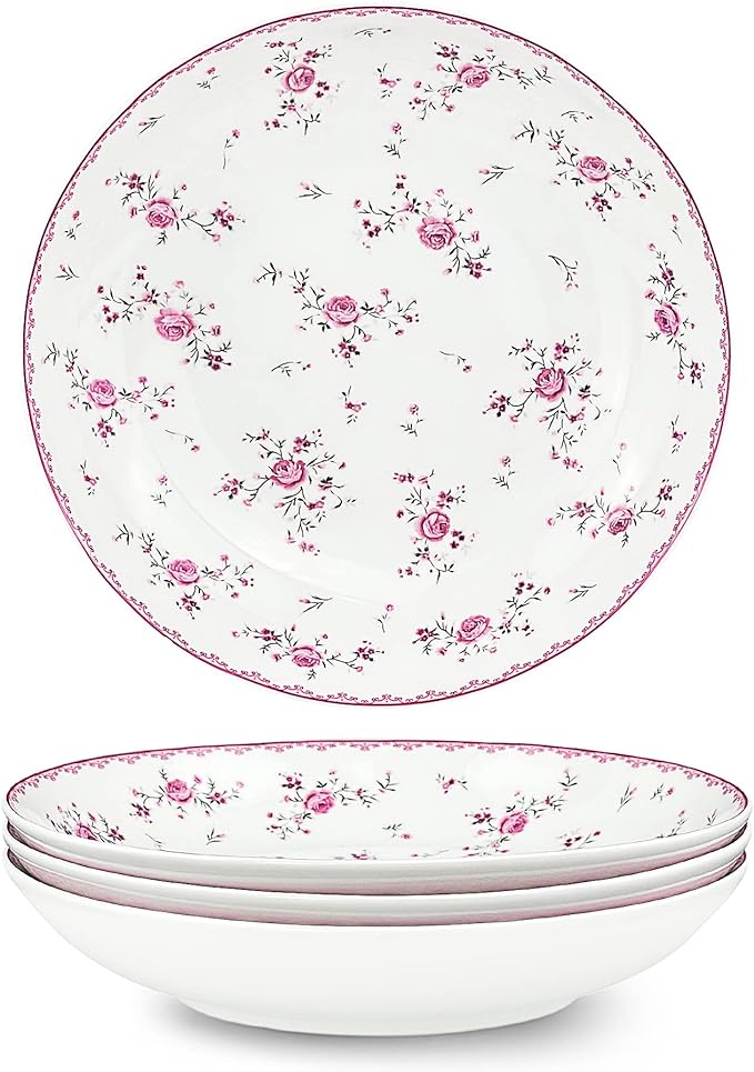 fanquare 8 Inch Porcelain Salad Bowls Set of 4, Round Floral Plates Set for Soup, Pasta, Dessert, Fruit