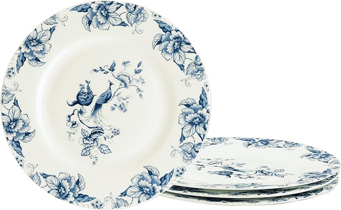 fanquare 8 Bone China Dessert Plates Set of 4, European Blue Floral Pasta Bowls Set, Porcelain Salad Plates for Soup, Microwavable Plates