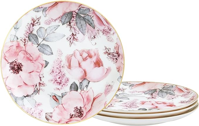 fanquare 8 Bone China Salad Plates with Gold Trim, Pink Floral Pasta Bowls Set of 4, Porcelain Dessert Plates, British Lunch Plates