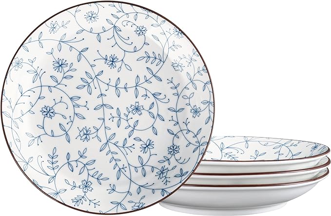 fanquare 8 Inch Japanese Dessert Plates Set of 4, Floral Porcelain Pasta Plates for Pasta, Salad, Tangled Lotus