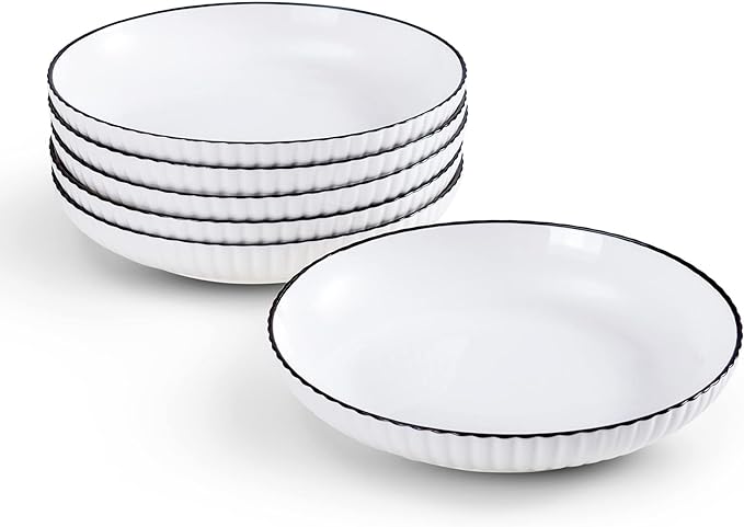 fanquare White Pasta Bowls of 6, Salad Plates for Fruit, Dessert, Ice Cream, Shallow Serving Bowls, Microwave Plates