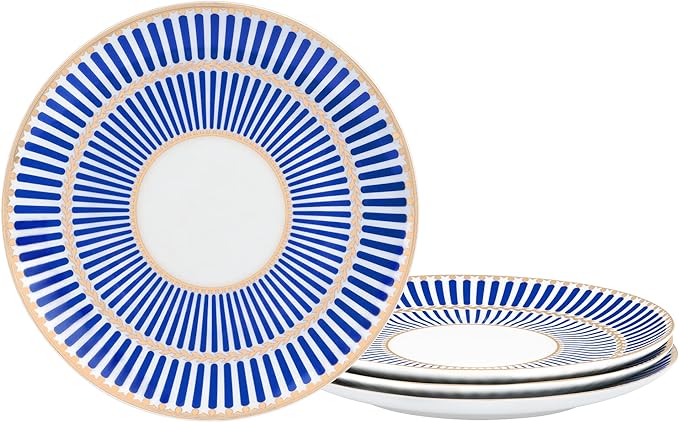 fanquare 8 Modern Dessert Plates, Blue Stripe Salad Plates Set of 4, Small Porcelain Dinner Plates, Bone China Lunch Plates for Pasta, Appetizer