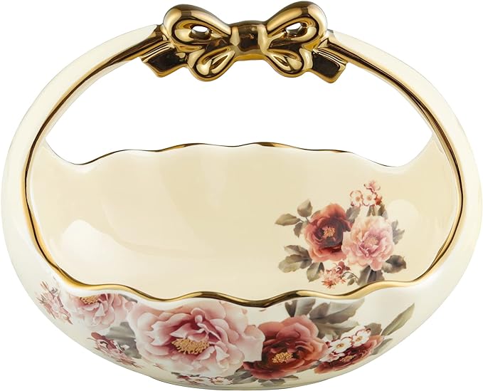 fanquare Gold Floral Fruit Basket for Kitchen Table, Small Porcelain Display Basket for Kitchen Dcor