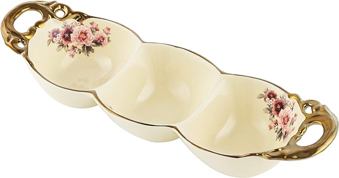 fanquare Gold Porcelain Snack Bowl, Floral 3 Compartment Side Dish for Condiments, Dipping Sauce Bowl, Seasoning Plate for Kitchen