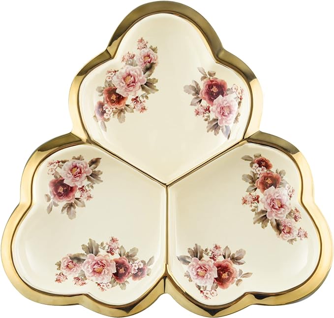 fanquare 3 Compartment Platter, Gold Porcelain Appetizer Serving Tray, Floral Ceramic Divided Serving Plate for Fruit, Candy, Nuts