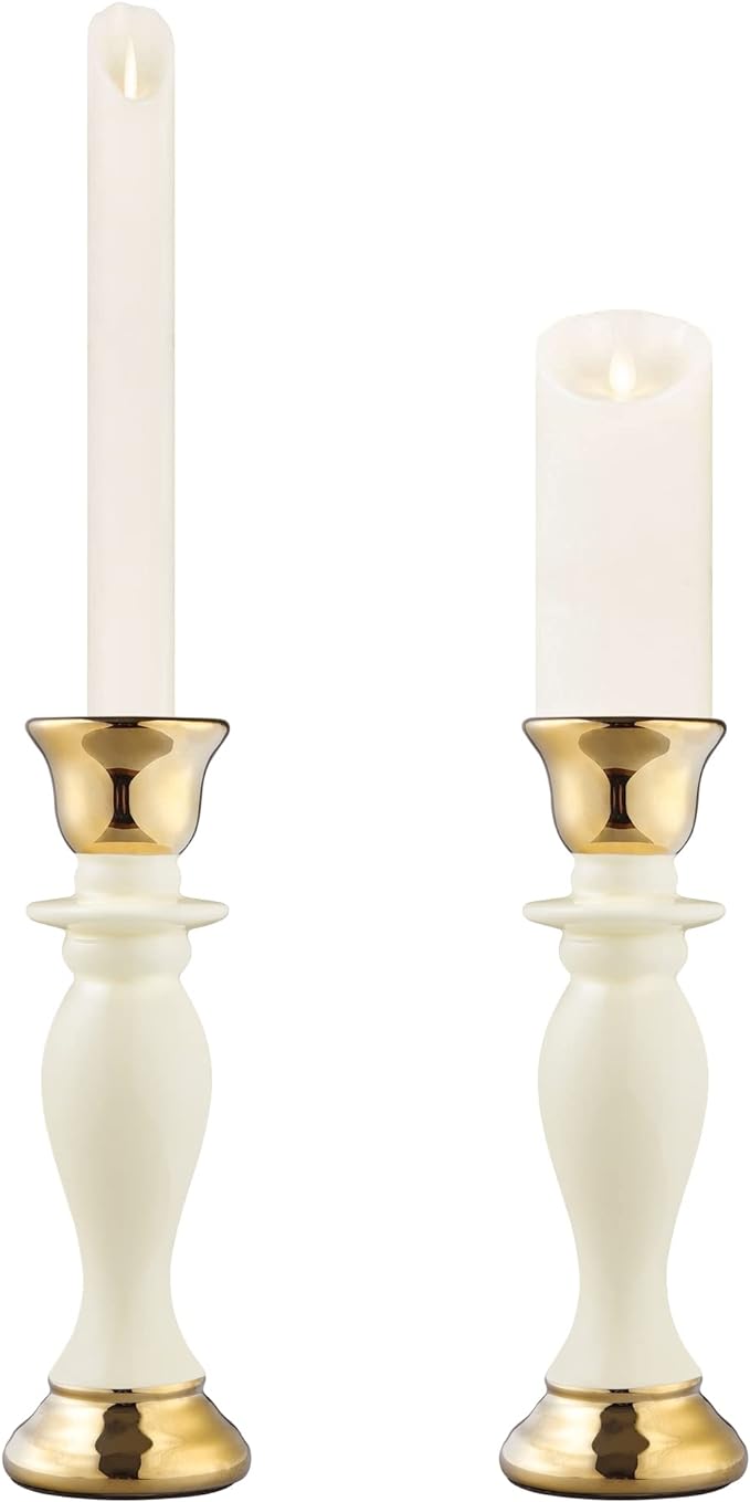 fanquare Vintage Gold Candlestick Holder Set of 2, Ceramic Candle Holder for Pillar Candle, Gold Wedding Centerpiece for Table, 9