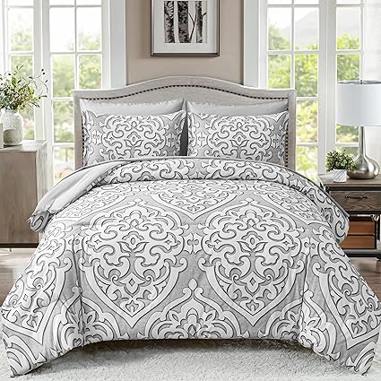 Gray Comforter Set Queen Size Boho Damask Pattern Bed in a Bag, Silver Gray Soft Lightweight Reversible Comforter 7 Piece Complete Bedding Set, 90'x90'