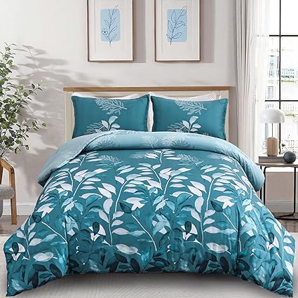 DJY Teal Botanical Comforter Set Queen, 3 Pieces Blue Leaves Comforter for Queen Size Bed Reversible Floral Bed Comforter Set Soft Microfiber Bedding Set for All Season