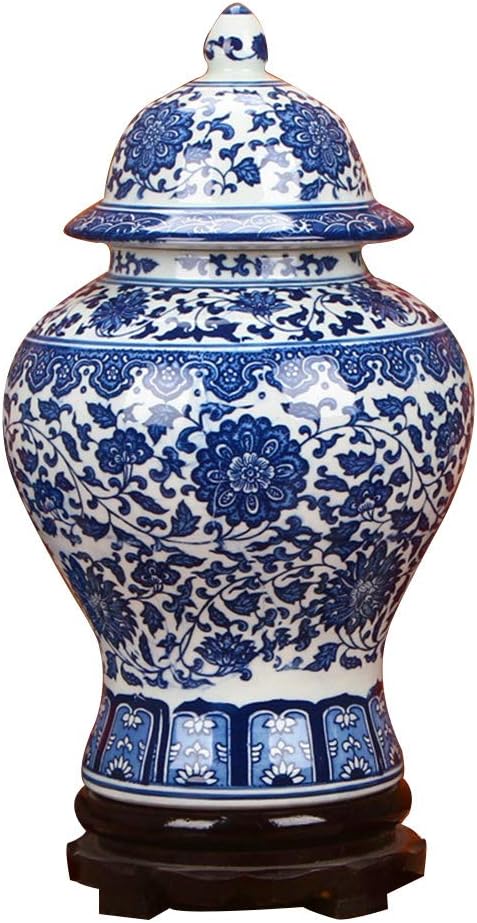 ufengke Jingdezhen Classic Blue and White Porcelain Floral Temple Ginger Jar Vase, China Ming Style,Height 15inch(38cm),Blue,White