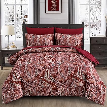 DJY Red Paisley Comforter Set Queen Size, 7 Piece Bed in a Bag Boho Paisley Pattern Comforter Set, Soft Lightweight Microfiber Reversible Bedding Set for All Season (90'x90')