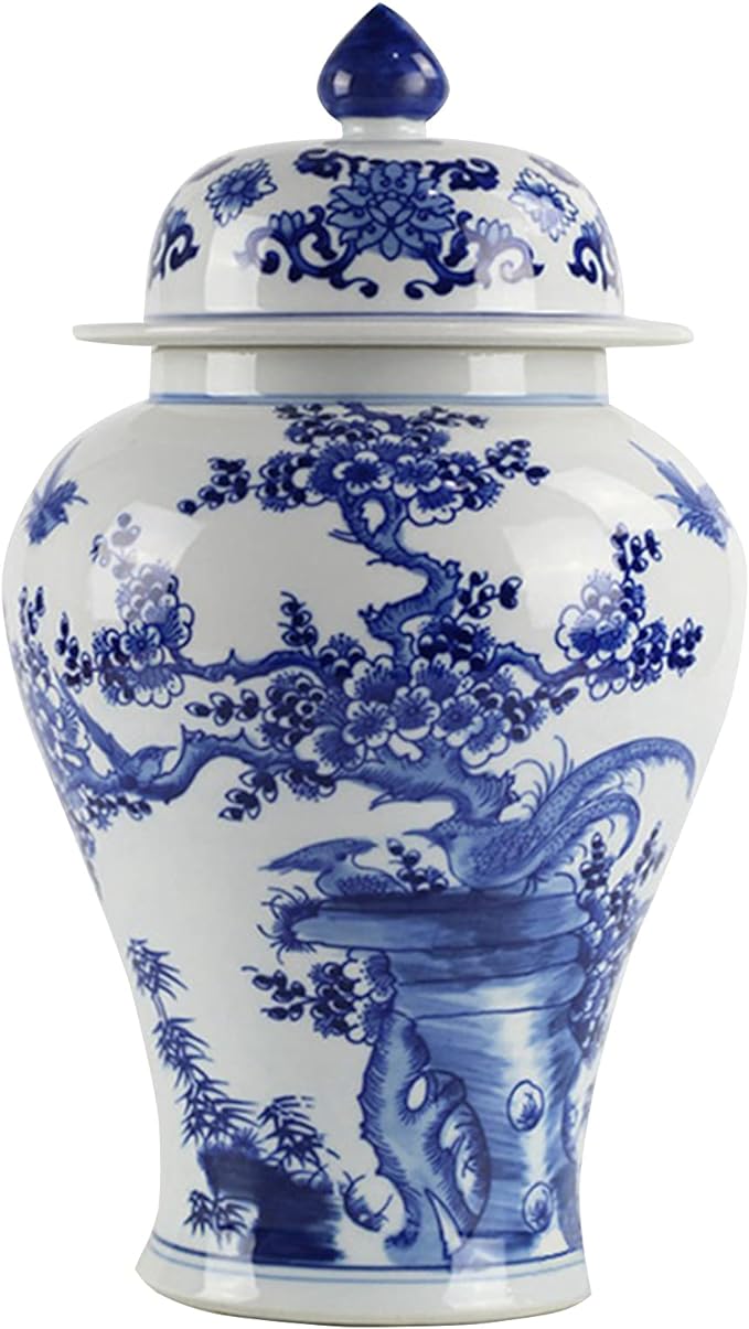 fanquare Blue and White Porcelain Jar Vase, Chinese Ming Style, Plum Blossom and Birds Pattern, Height 13.8