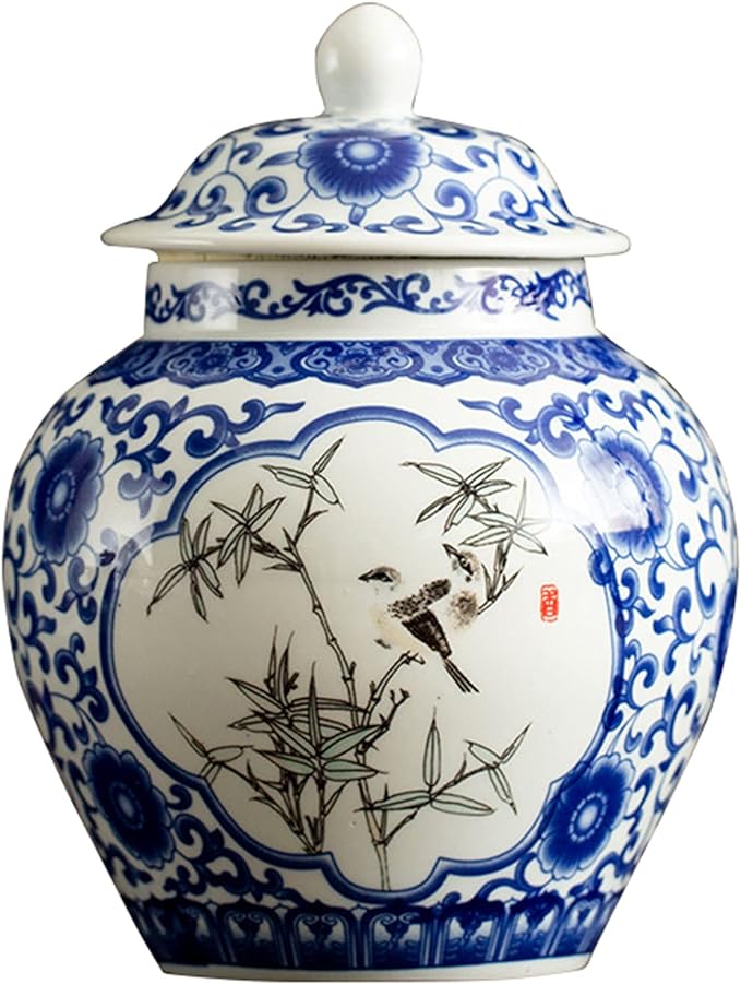 fanquare Classic Blue and White Pocerlain Jar Vase, Green Bamboo Pattern, Handmade, Jingdezhen, Height 9