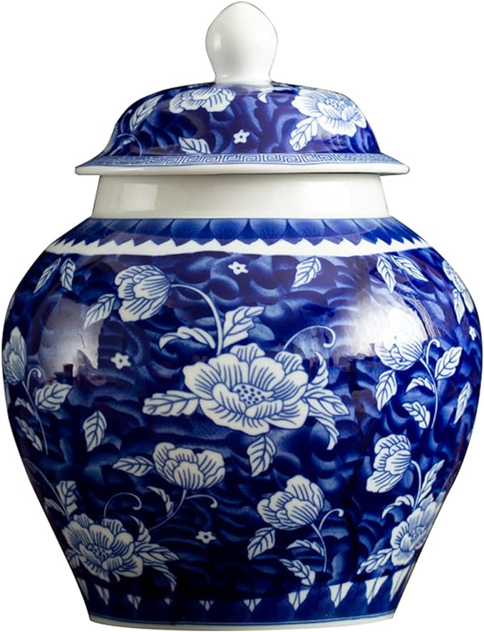 fanquare Classic Blue and White Pocerlain Jar Vase, Lucky Lotus Pattern, Handmade, Jingdezhen, Height 9