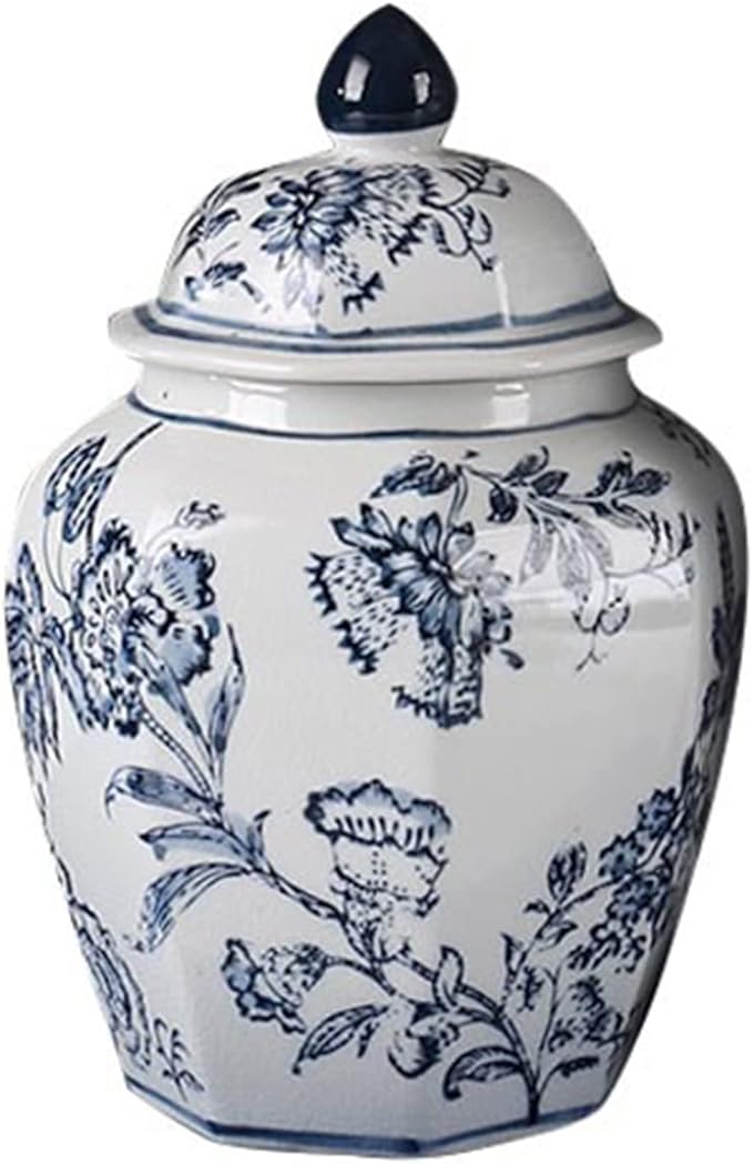 fanquare Blue and White Ginger Jar, Rustic Floral Porcelain Jar Vase, Chinese Jingdezhen Flower Vase, 10 Large Storage Jar