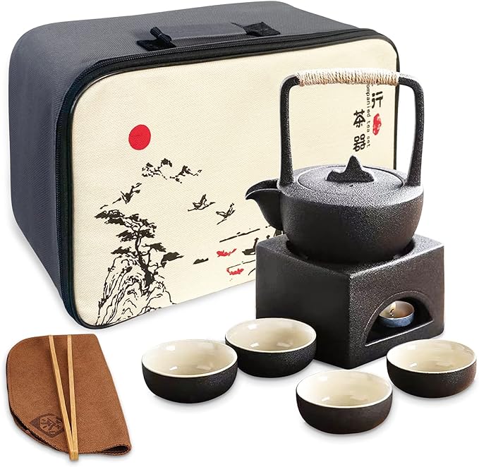 fanquare Chinese Gongfu Tea Set Traditional, Black Portable Tea Set for Adults, Asian Tea Service with Ceramic Teapot Warmer