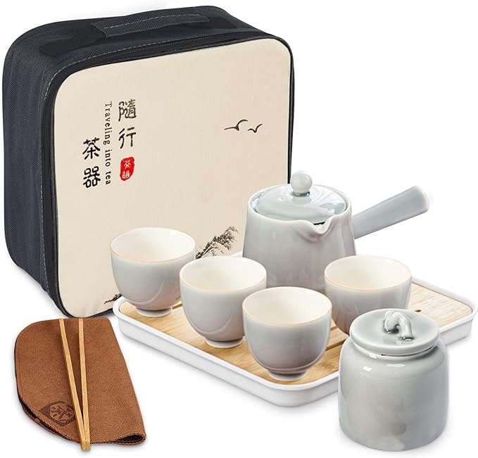 fanquare Chinese Tea Set Traditional, Grey Glazed Kungfu Tea Set with Tea Tray, Portable Tea Set with Case, Oriental Porcelain Tea Set