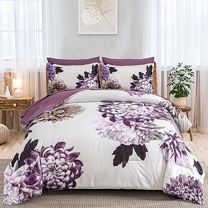 DJY Purple Comforter Set Queen, 7 Piece Floral Comforter Set with Sheets Elegant Flower Print Bed in a Bag Soft Microfiber Complete Bedding Set for All Season