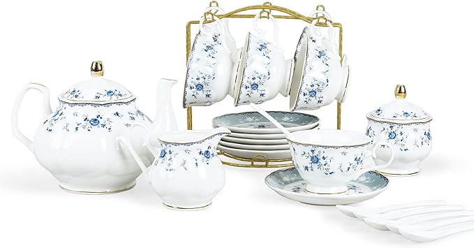 fanquare 15 Piece Blue Rose Porcelain Tea Set, British Floral Teapot with Tea Cups, Women Tea Party Set for 6