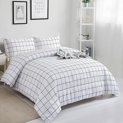 DJY White Plaid Comforter Sets Queen Size White and Black Buffalo Checker Grid Bedding Comforter Reversible Lightweight Microfiber Geometric Bedding 3 Pieces (90x90)