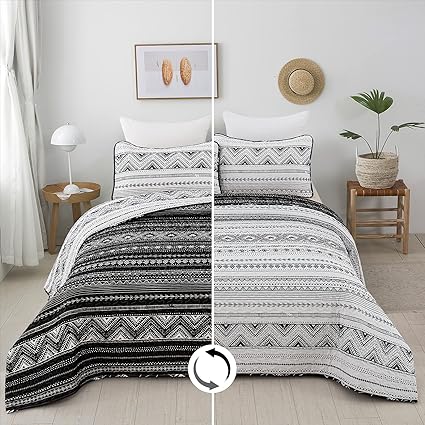 DJY Boho Aztec Quilt Set Queen Size(90x96), Black n White Striped Geometric Bedding Bedspreads, Reversible Microfiber Quilted Coverlet Sets for All Season, 3 Pieces(1 Quilt+2 Pillowcases)