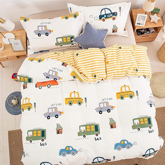 Cars Cartoon Duvet Cover Set Twin Size, 2 Pieces 100% Cotton Breathable Bedding Sets (1 Duvet Cover+1 Pillowcase), Reversible Stripes Printed Comforter Cover Set for Kids Teens Boys Girls