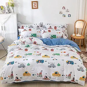 Kids Car Duvet Cover Set Twin, 100% Cotton Cars Bus Print Bedding Set for Boys Girls, 2 Pieces Soft Breathable Reversible Comforter Cover Set (1 Duvet Cover+1 Pillowcase)