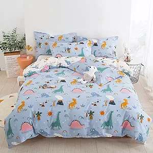 Dinosaur Duvet Cover Set Twin, 100% Cotton Blue White Reversible Kids Bedding Set for Boys Girls, 2 Pieces Ultra Soft Breathable Comforter Cover Set (1 Duvet Cover+1 Pillowcase)