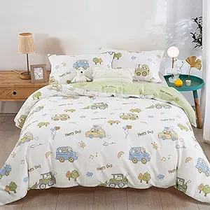 Kids Duvet Cover Set Twin, 100% Cotton Cars Green Reversible Bedding Set for Boys Girls, 2 Pieces Ultra Soft Breathable Comforter Cover Set(1 Duvet Cover+1 Pillowcase)