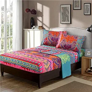 Boho Sheets Set Queen Size(4PCS) Bohemian Colorful Tribal Bedding Sheets Set 14' Deep Pocket Boho Aztec Fitted Sheet Soft Microfiber, 1 Flat Sheet 2 Pillowcases