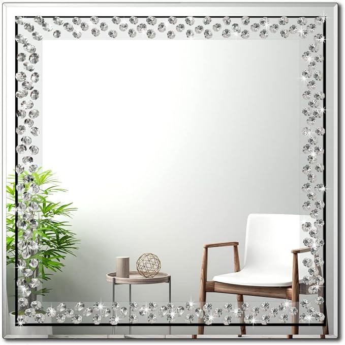 ALLARTONLY Bling Stylish Gorgeous Square Silver 24 inch Wall Mirror for Vanity Home Decor Wall Decoration Crystal Clear Floating Diamond Decor Wall Hang Frameless Mirror Glass Diamond Art.