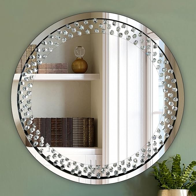 ALLARTONLY Round Silver Wall Mirror for Wall Decoration Crystal Clear Floating Diamond Dcor 23.6x23.6x1 inch Wall Hang Frameless Mirror Glass Diamond Art.