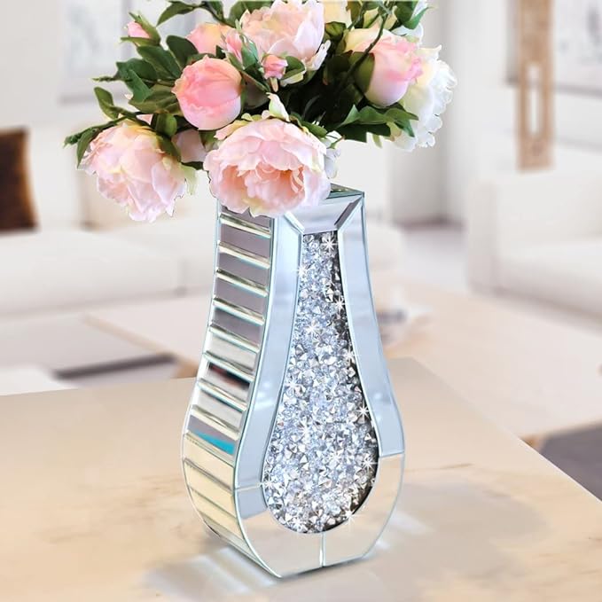 ALLARTONLY Crushed Diamond Mirror Vase Crystal Silver Glass Stunning Decorative Vase Flower Luxury for Home Dcor. Cant Hold Water.