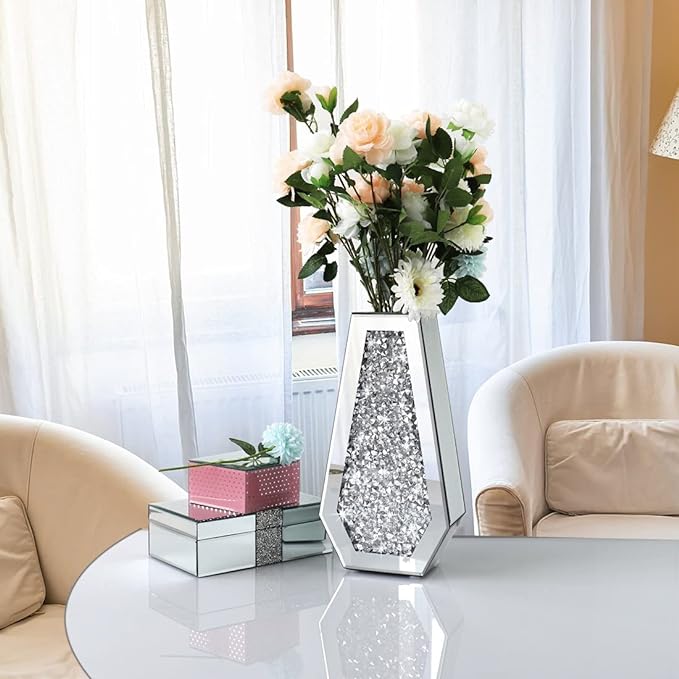 ALLARTONLY Flower Vase Crushed Diamond Mirrored Vase Crystal Silver Glass Decorative Mirror Vase Large Size Luxury for Home Decor. Diamond Shape Thickened. Cant Hold Water.