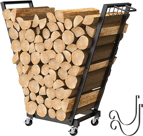 LIANTRAL Firewood Rack On Wheels, Rolling Cart Log Rack Holder Indoor Outdoor Wood Stand with Handle, 4 Hooks & Removable Kindling Rack