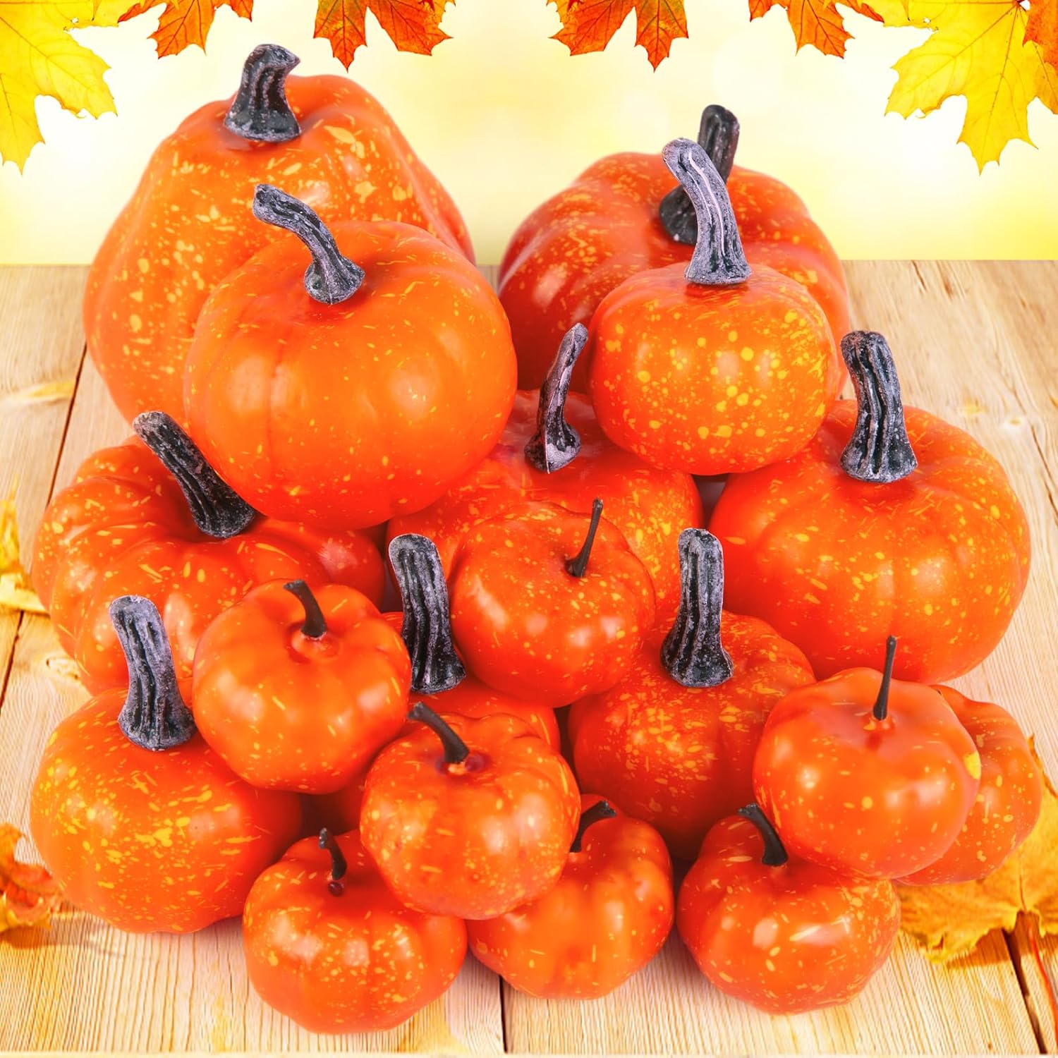 HAKACC 18PCS Artificial Pumpkins, Decorative Pumpkins Assorted Sizes Small Orange Foam Pumpkins for Halloween Thanksgiving Farmhouse Table Decor