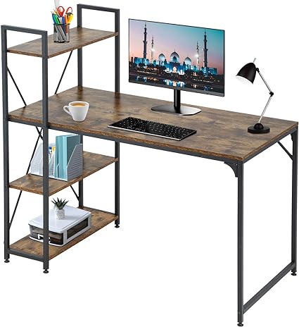 FDW Computer Desk with Bookshelf Gaming Desk Office Desk Extra Large 48x 24 Writing Student Girl Kids Study Desk Simple Modern Ergonomic Table Workstation,Vintage