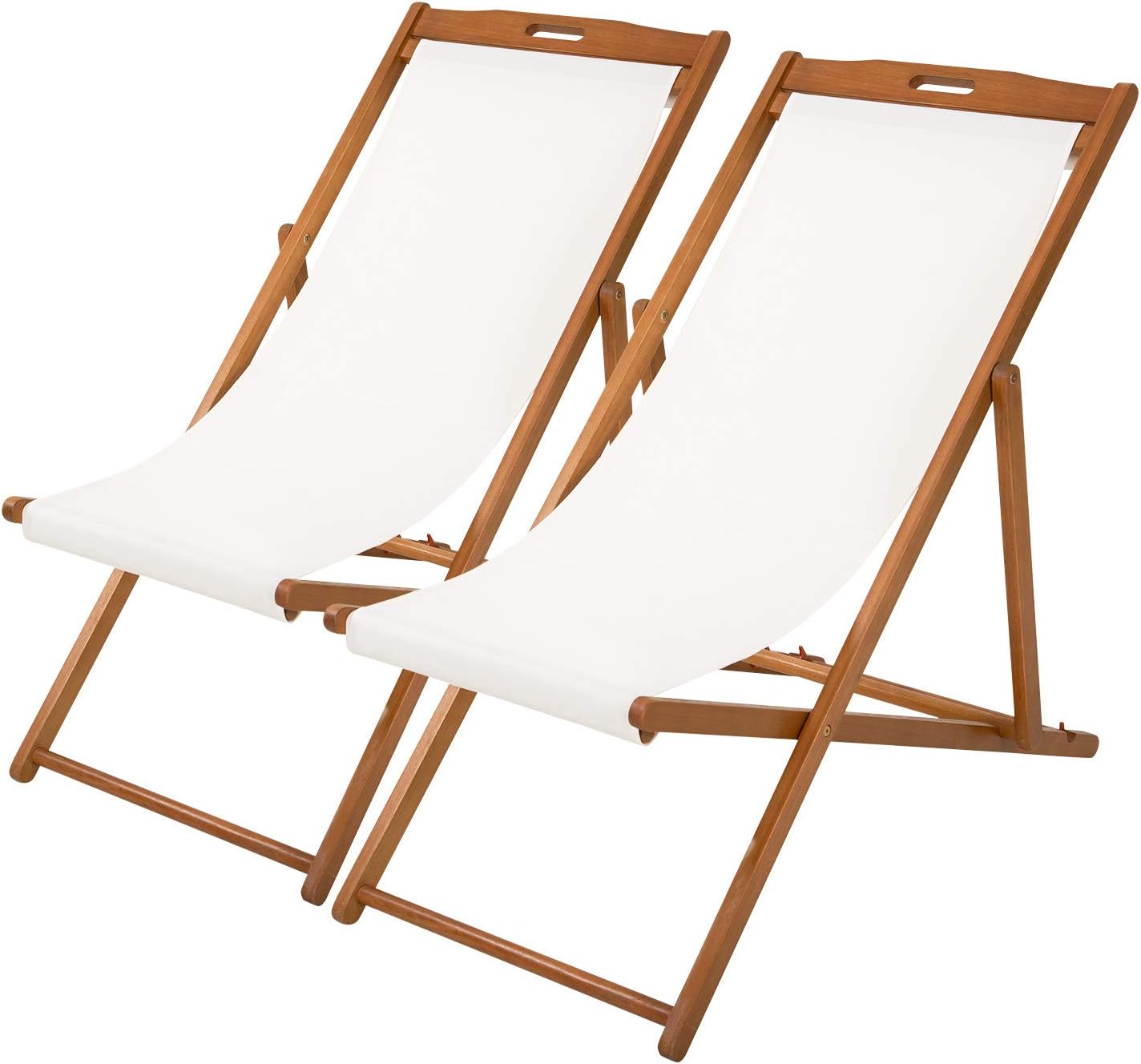 FDW Beach Sling Patio Chair for Relaxing, Foldable with Adjustable Height Made from Eucalyptus Wood with White Polyester (White, Brown)