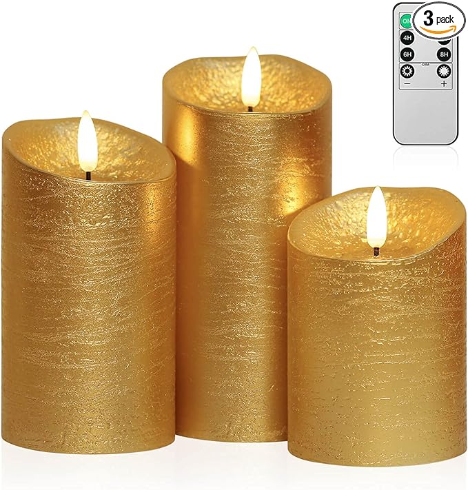 COVEGE Flickering Flameless Candles with Timer, Remote Control Candles Set of 3, LED Battery Operated Candles for Christmas Home Decoration, Gold