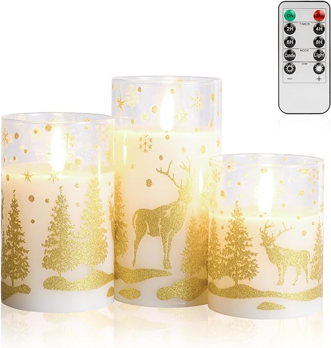 COVEGE Christmas Flameless Candles with Remote - Glass Flickering Battery Operated Candles with Timer, Real Wax Candles for Wedding/Party/Home Decor, Set of 3 (Golden Reindeer)