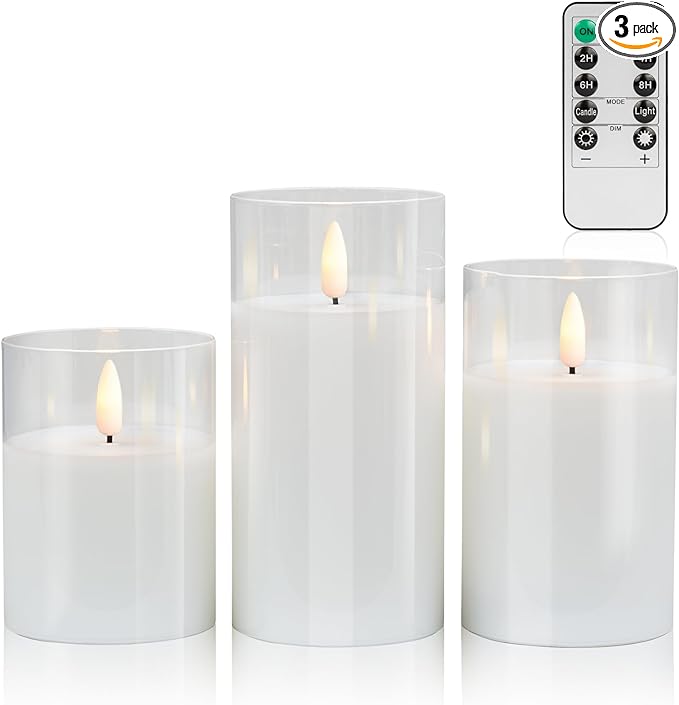 Pure White Glass Flameless Candles with Remote - Battery Operated Candles with Timer, LED Flickering Real Wax Candles for Festival Wedding Home Party Decoration, Clear, Set of 3