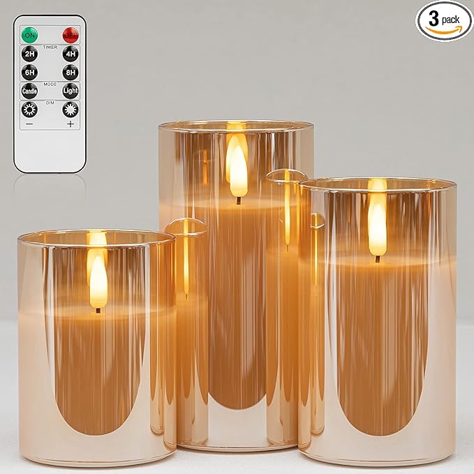 COVEGE Gold Glass Flickering Flameless Candles with Remote - Battery Operated Candles with 2/4/6/8 H Timer LED Pillar Candles for Christmas Home Decor(Set of 3)