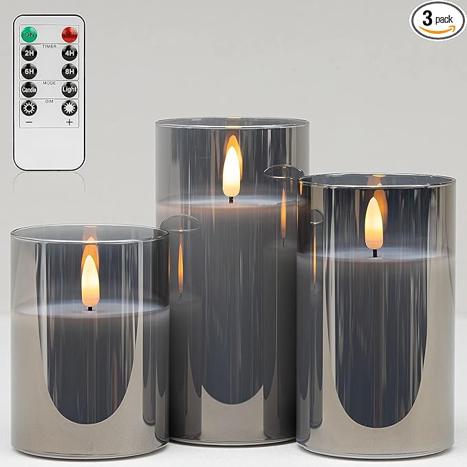 COVEGE Grey Glass Flameless Candles with Timer - Battery Operated Candles with 10-Key Remote, Real Wax LED Flickering Pillar Candles for Home Decoration, D3 H 4 5 6, Set of 3